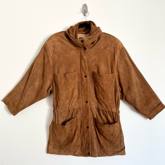 Vintage Jackets & Blazers - Vintage 90’s Funnel Neck Camel Oversized Retro Suede Jacket Shoulder Pads